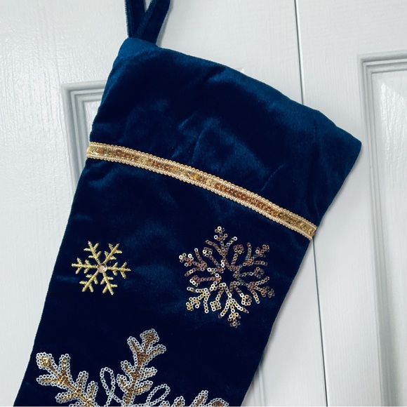 Midnight Blue Velveteen Christmas Hanging Stocking with Gold Sequined Snowflakes - Picture 5 of 9